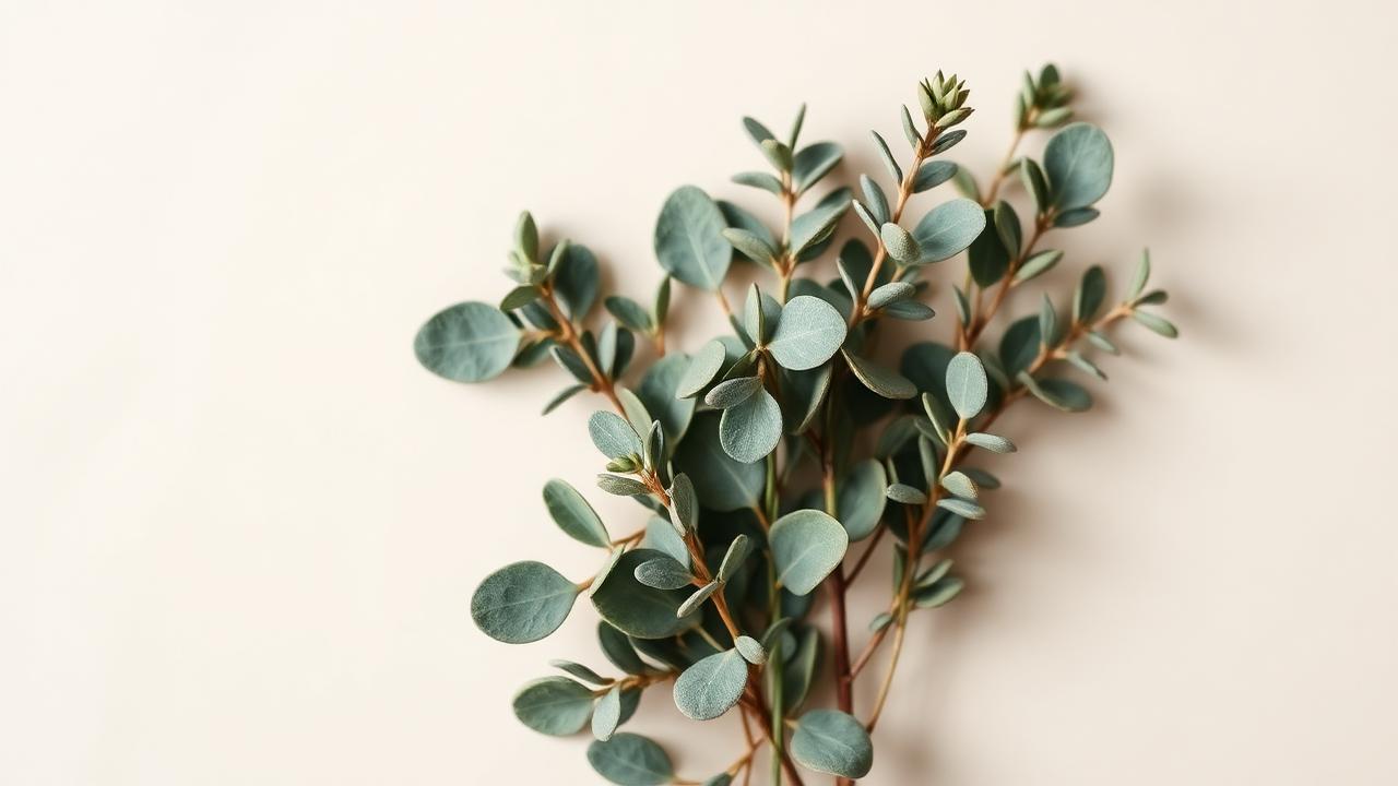 Eukalyptus och salviablad mot en creamfärgad bakgrund